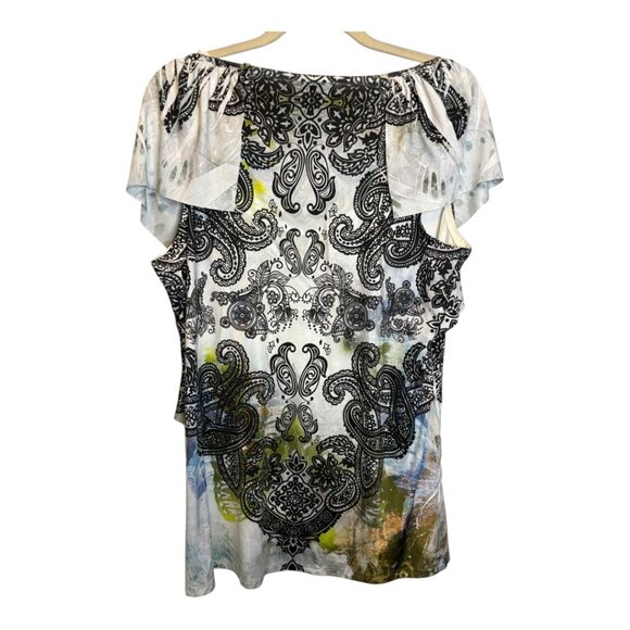 One World Blouse Women's Size XL Floral Tiered Flutter Black White - Picture 2 of 4